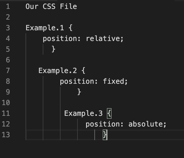 image of CSS code showing position relative, position fixed and position absolute.